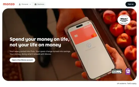 Homepage of monzo.com, captured whole