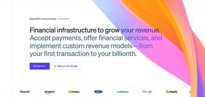 Hero section captured from stripe.com, annotated with four dimension callouts